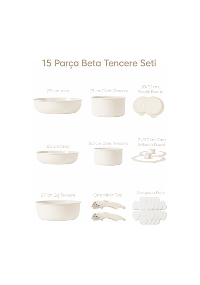 Porsima Perotti 25 Parça Mutfak Seti - 15 Parça İndüksiyonlu Seramik Kaplama Tencere Tava Seti - 10 Parça Pasta Ve Tatlı Servis Seti Beige Bej