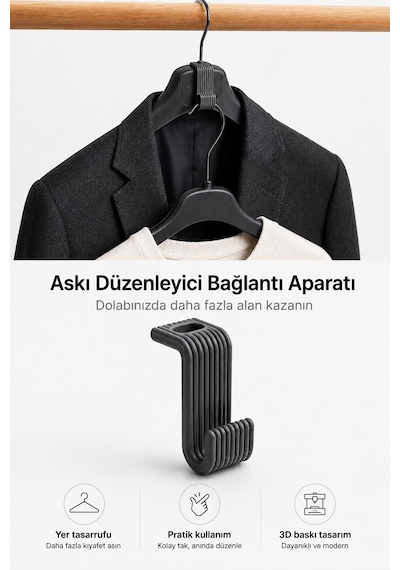 Askı Düzenleyici Bağlantı Aparatı Dolap İçi Yer Tasarruf Sağlayan Askı Organizeri 3d Baskı Çok Renkli