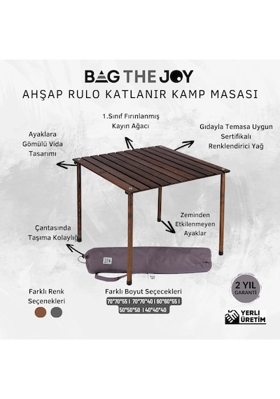 Bag The Joy 70 x 70 x 55 CM Ahşap Katlanır Kamp Masası - Antrasit Gri