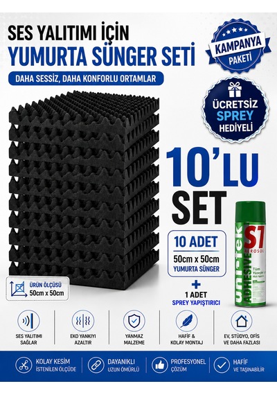 Akustik Yumurta Sünger 60dns Yanmaz 50cmx50cm 25mm 10adet + 1 Sprey Yapıştırıcı F3022