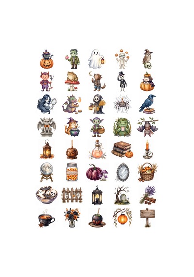 Cadılar Bayramı Suluboya Estetik Sticker Seti 40 Adet Ajanda Scrapbook Journal Planner Çıkartma Çok Renkli