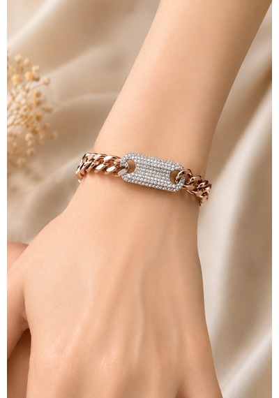 Sertifikalı 316l Çelik Rose Gold & Beyaz Gold Çift Renk Premium Zirkon Taşlı Plakalı Küba Zincir Kad Altın