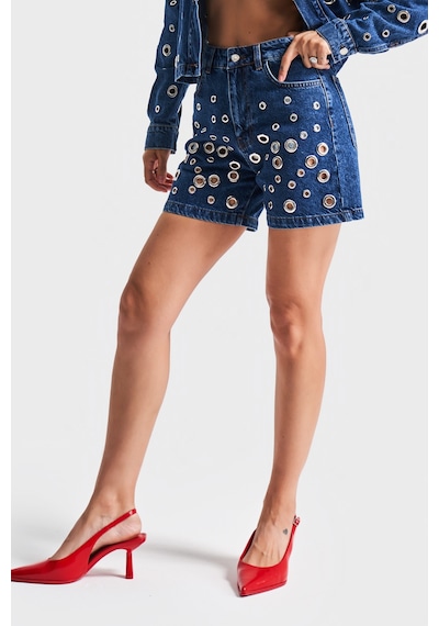 it's basic Kadın Mavi Renk 1s5-5 Kuş Gözü Detaylı Midi Boy %100 Koton Mom Fit Tasarım Denim Şort
