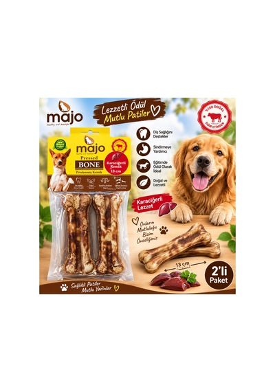 Majo Karaciğerli Köpek Pres Kemik 13 Cm 2 Li Paket Doğal Sığır Eti Çiğneme Ödülü