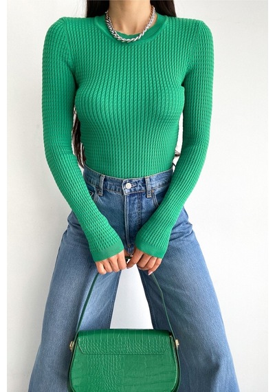 Femelle Kadın Koyu Yeşil Standart Beden Basic Fitilli Örme Bluz