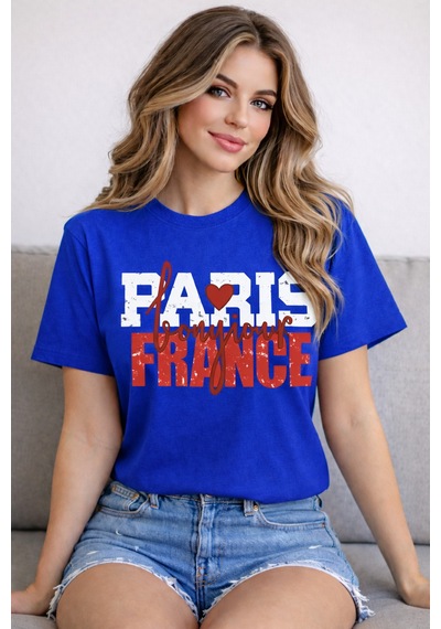 Herkesemoda Paris France Baskı Detaylı Basic T-shirt Mavi