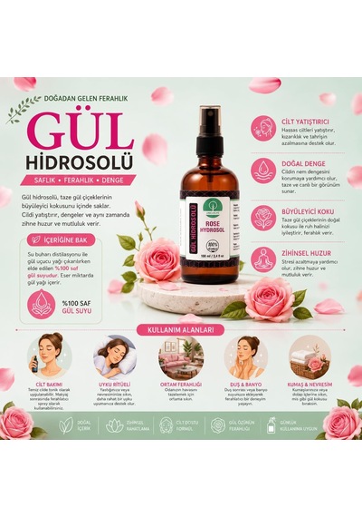 % 100 Saf Doğal Gül Hidrosolü 100 Ml Gül Suyu