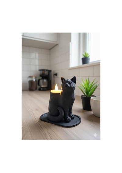 Siyah Mozaik Dekoratif Kedi Biblo Led Mumlu Şık Ev Ofis Masaüstü Mumluk Led Mum Hediye 14 X 12