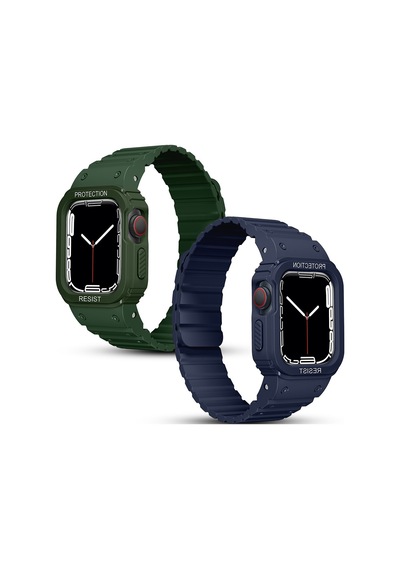 Apple Watch 7 45mm Uyumlu Kasa Koruyuculu Silikon Kordon Krd-142 - Midnight Blue - T39203