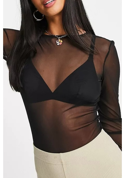 Moda Mistik Siyah Tül Bluz Uzun Kollu Transparan Sexy Siyah