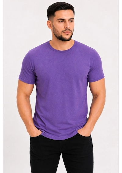 Erkek Basic Tişört Bisiklet Yaka Kısa Kol Günlük Yazlık Slim Fit T-shirt - Mor Çok Renkli