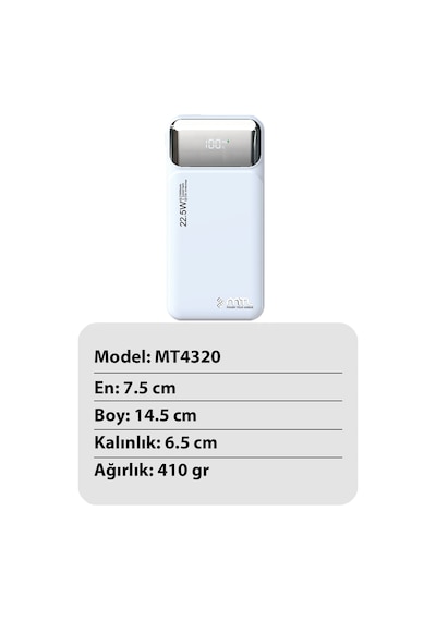 20000 Mah 22.5w Süper Hızlı Şarj Dahili Kablolu Dijital Led Göstergeli Pd Ve Qc 3.0 Powerbank Mt4320 Beyaz