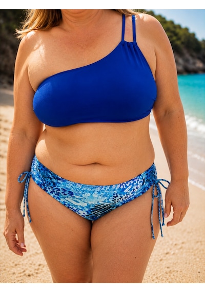Tek Omuz Formda İpli Detaylı Desenli Bikini Takım Mavi