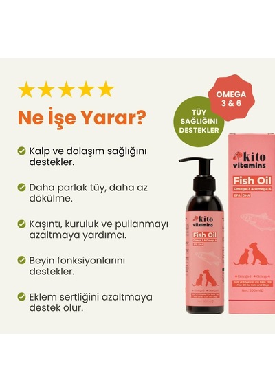 Balık Yağı 200 Ml Kedi Ve Köpekler İçin Omega 3 & 6 İçerikli Deri, Tüy, Eklem Ve Kalp Sağlığı Tamamlayıcı