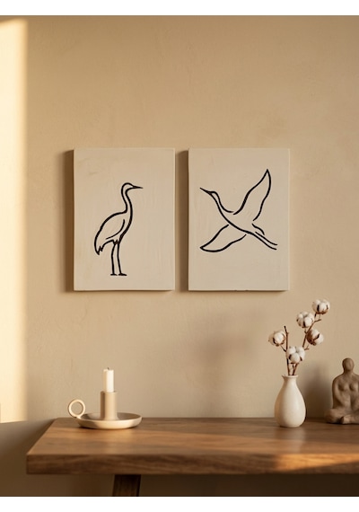 Zen Serenity 2'li Duvar Sanatı Seti - Minimalist Japandi Tarzı El Yapımı Kazıma Çizgisel Turna Tablo Seti