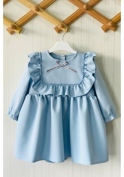Fırfır Ve Kurdele Detaylı Tasarım Bebe Mavi Kız Çocuk Bebek Elbise 001