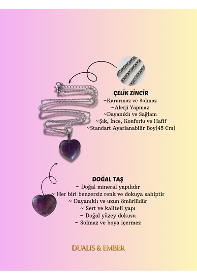 Doğal Taş - Ametist Kalp Kolye Koyu Mor