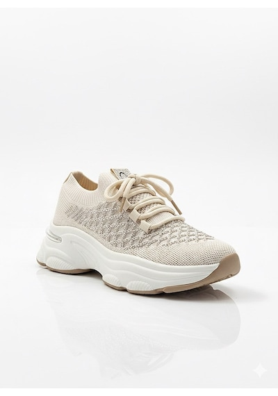 Voyager Taşlı Bağcıklı Triko Kalın Taban Kadın Sneaker Ayakkabı B064 Bej
