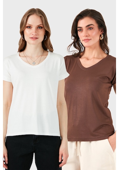 Lela V Yaka Relaxed Fit Yırtmaç Detaylı 2'Li Paket Bayan Bluz 5862000S2 Ekru-Kahve