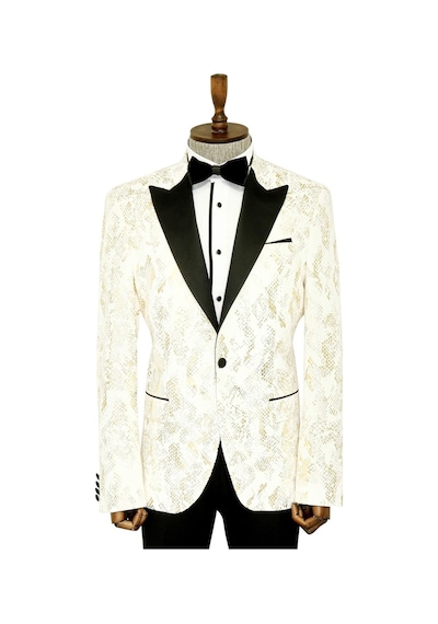 Wessi Dik Yaka Slim Fit Altın Desenli Beyaz Balo Ceket - Wessi Beyaz