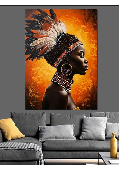 Kabile Başlıklı Afrikalı Kadın Dekoratif Kanvas - Mdf Ahşap Tablo