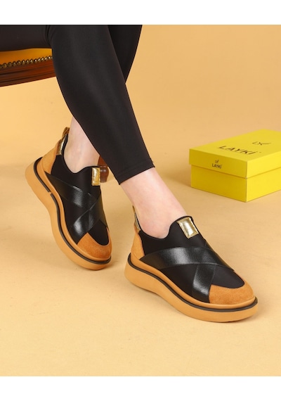 Nesica Siyah Ve Taba Renkli Lastikli Paraşüt Kumaş Yürüyüş Ayakkabısı-taba Taba