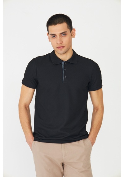 Siyah Modern Kesim Polo Yaka Erkek T-shirt Siyah