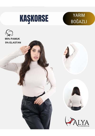 Alya Underwear Kaşkorse Yarım Boğaz Body Sweatshirt, Fitilli Kumaş, Likralı, Bordo Bej Kemik