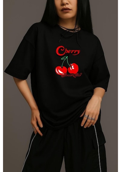 Cherry Sweat Gil Oversize Tişört SIYAH