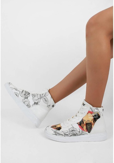 Kadın Vegan Deri Beyaz High Sneakers - Elephants Never Forget Tasarım Çok Renkli