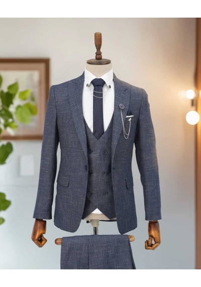 Beystil Sivri Yaka Lacivert Kırçıllı Takım Elbise Storm - Slim Fit Lacivert