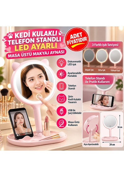 Kedi Kulaklı Telefon Standlı Yuvarlak Dokunmatik Led Ayarlı Masa Üstü Makyaj Aynası Adet Fiyatıdır Çok Renkli
