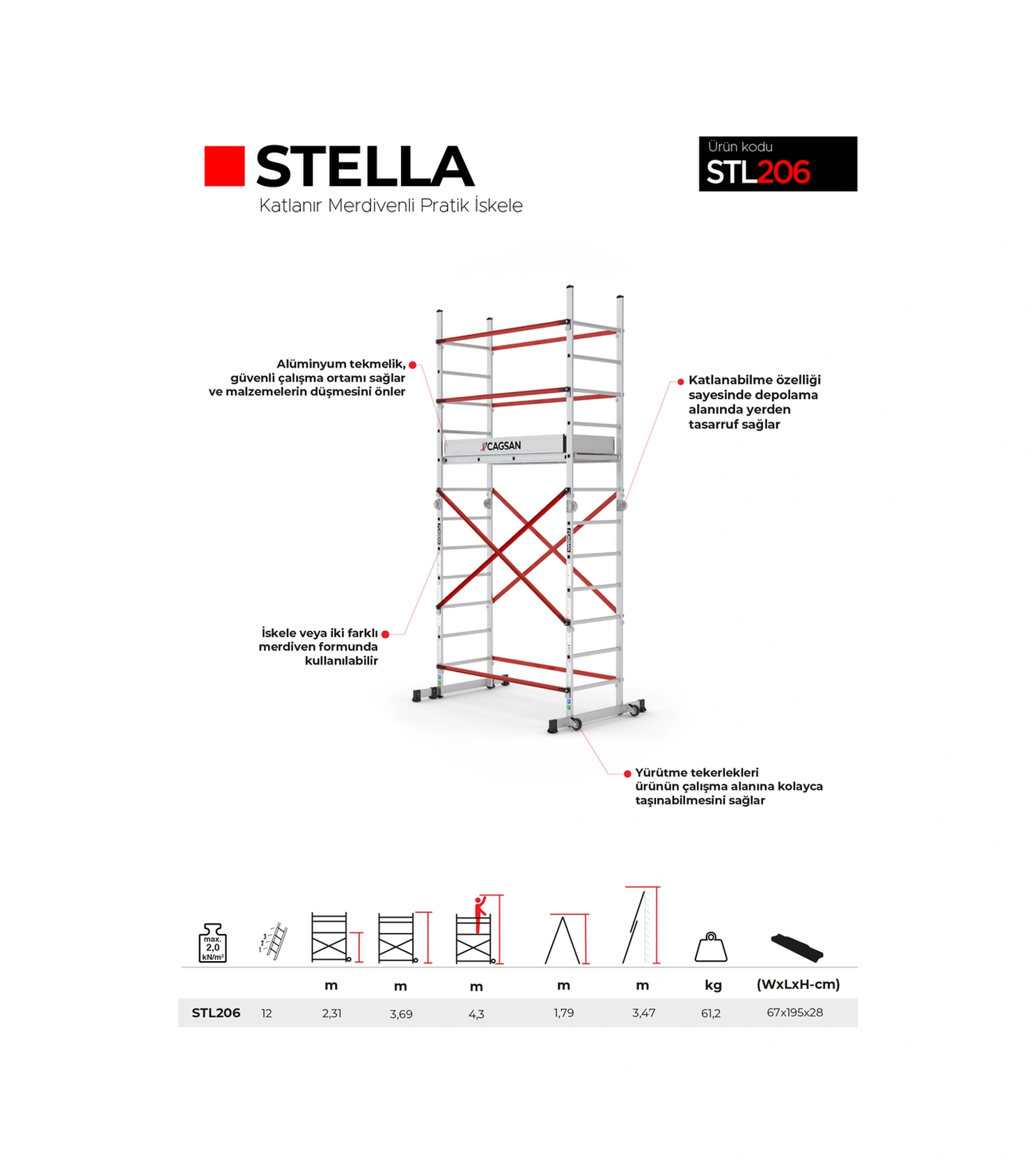 Çağsan 12 Basamaklı 4,3 M Çalışma Yüksekliği Stella - Katlanır Merdivenli Pratik İskele Stl206