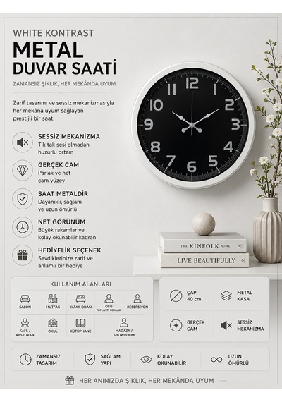 Almira Duvar Saati White Contrast 40 Cm Metal Duvar Saati Beyaz