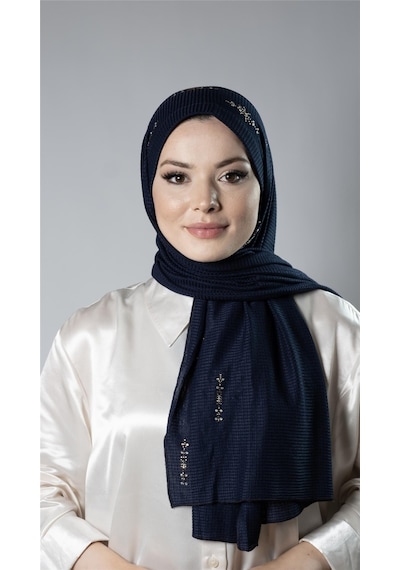 Hürrem Bone Lacivert Pratik Hazır Geçmeli Tesettür Şal Örme Kumaş Taşlı Yıldız Desenli 2118y 02
