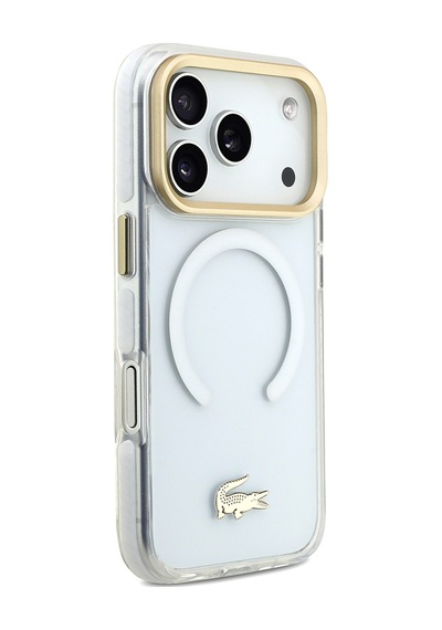 Apple Uyumlu iPhone 17 Pro Kılıf Lacoste Lisanslı M-safe Özellikli Gold Timsah Logolu Buzlu Kapak Beyaz Beyaz