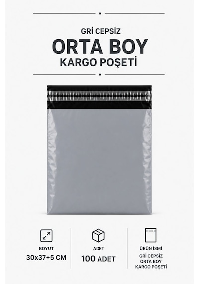 Gri Cepsiz Orta Boy Kargo Poşeti 30x37+5 Cm 100 Adet