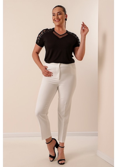 By Saygı Beli Lastikli En Boy Likralı Büyük Beden Pantolon Ekru