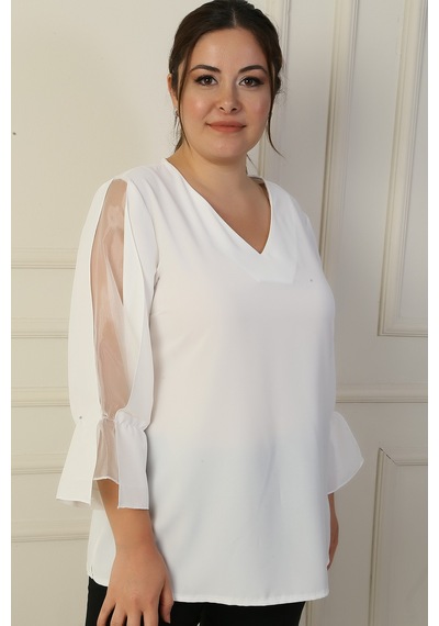 By Saygı V Yaka Yarı Organze Krep B.b. Bluz Ekru