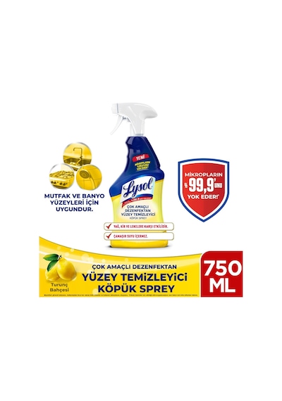 Lysol Çok Amaçlı Dezenfektan Yüzey Temizleyici Köpük Sprey 750 ml