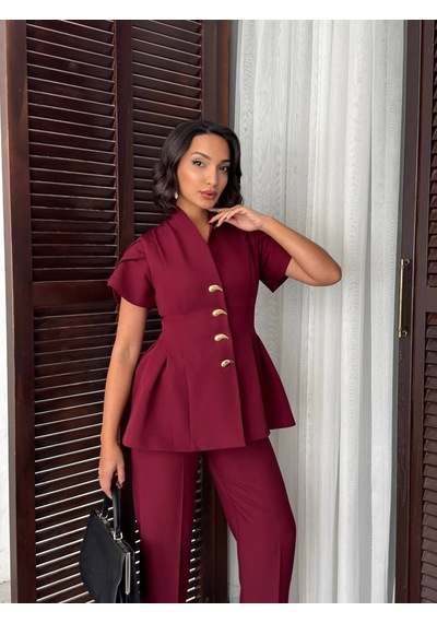 Duygudan Gold Düğme Detaylı Peplum Kesim Şık Kadın Takım - Bordo Çok Renkli