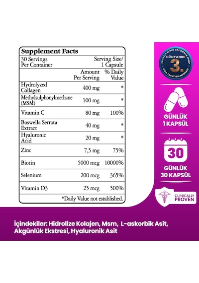 One Tek Hidrolize Kolajen Peptitler Msm, Biotin, Hyaluronik Asit, Selenyum, Vitamin D 30kapsül