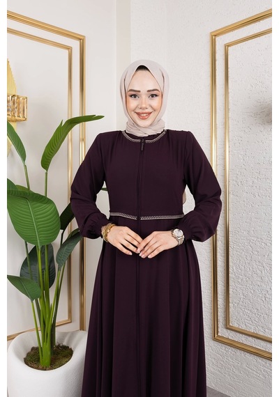 Nevayla Moda Yaka Ve Bel Nakış Detaylı Ferace - Mürdüm / F0143 Mürdüm