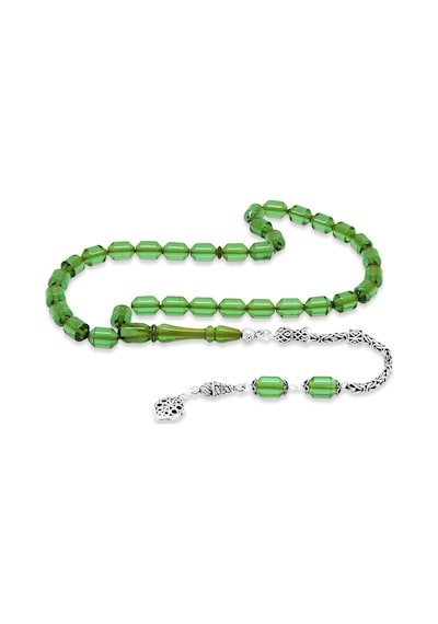 925 Ayar Gümüş Kral Püsküllü Uçlu Kapsül Kesim Su Yeşili Ateş Kehribar Tesbih