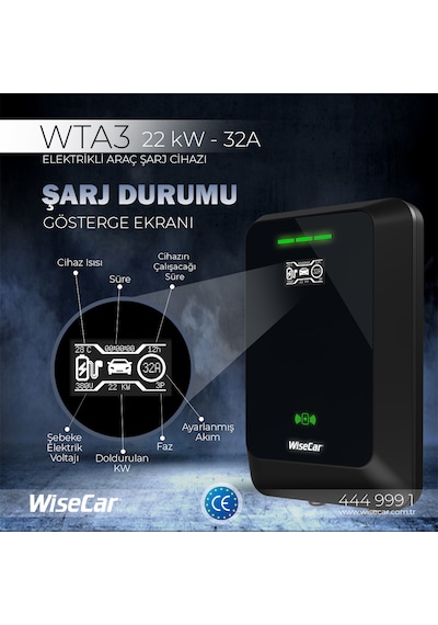 Wisecar Wta - Yapay Zeka Destekli Akıllı Elektrikli Araç Şarj Cihazı 22 Kw Mobil Uygulama & Wisecar Aı 22 Kw