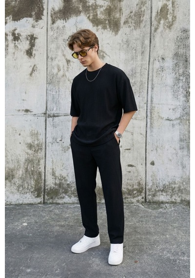 Fitilli Oversize Tişört Siyah