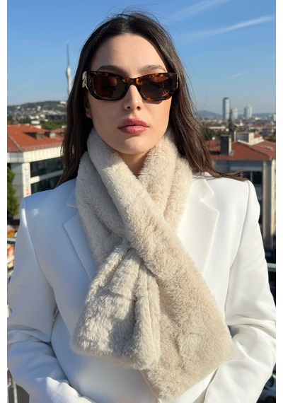Mollycrush Kadın Bej Peluş Atkı Yumuşak Dokulu Premium Kışlık Bej