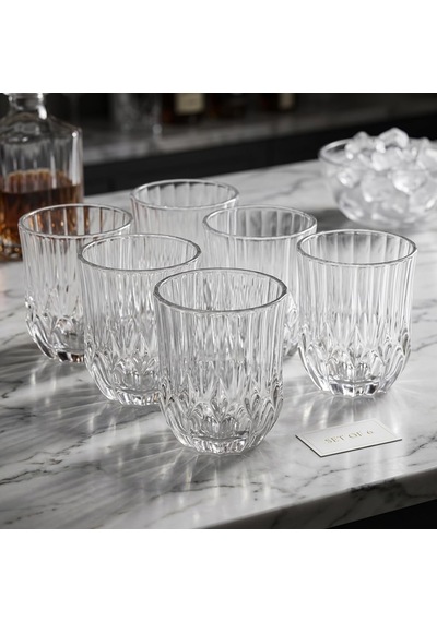 6'lı Kesme Kristal Desenli Cam Bardak Seti - Klasik Tasarım Su, Meşrubat Ve Viski Bardağı Takımı 315 Ml Çok Renkli