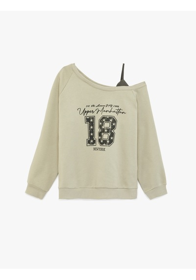 Koton Rahat Kalıp Üç İplik Uzun Kollu Asimetrik Yaka Baskılı Sweatshirt Gri 6sal10376ık Gri