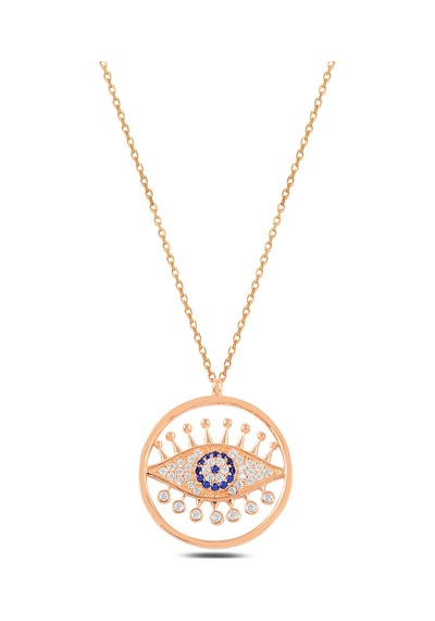 Çekirdekjewelry 925 Ayar Gümüş Taşlı Nazar Göz Kolye Rose Rodyum Sarı Altın Kaplama Pembe